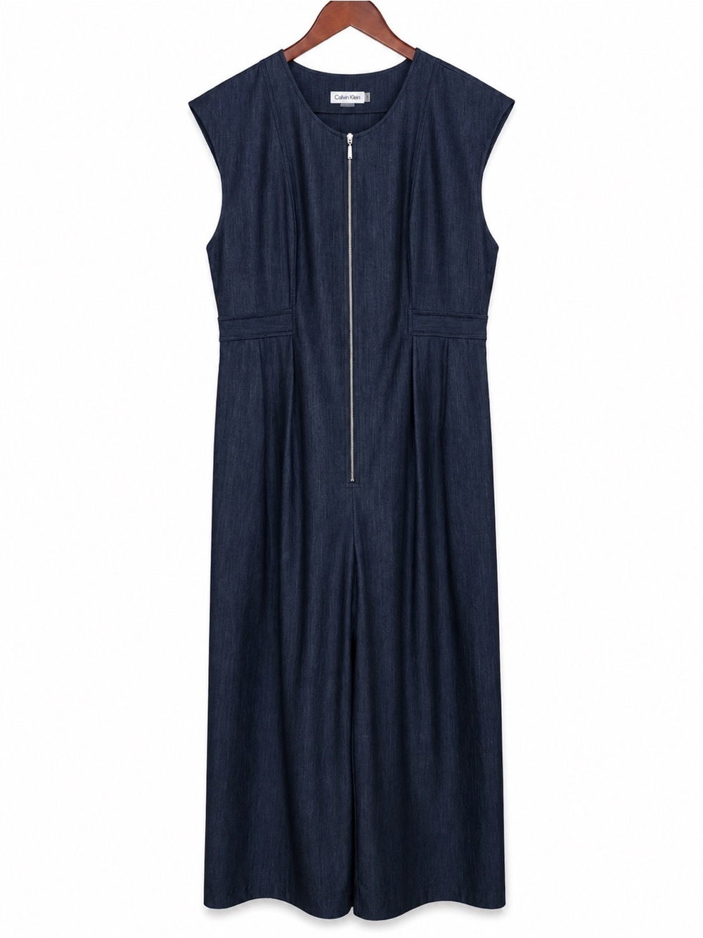Calvin Klein Blue Gray Wide Leg Jumpsuit Women's 12 Gold Zip Stretch
